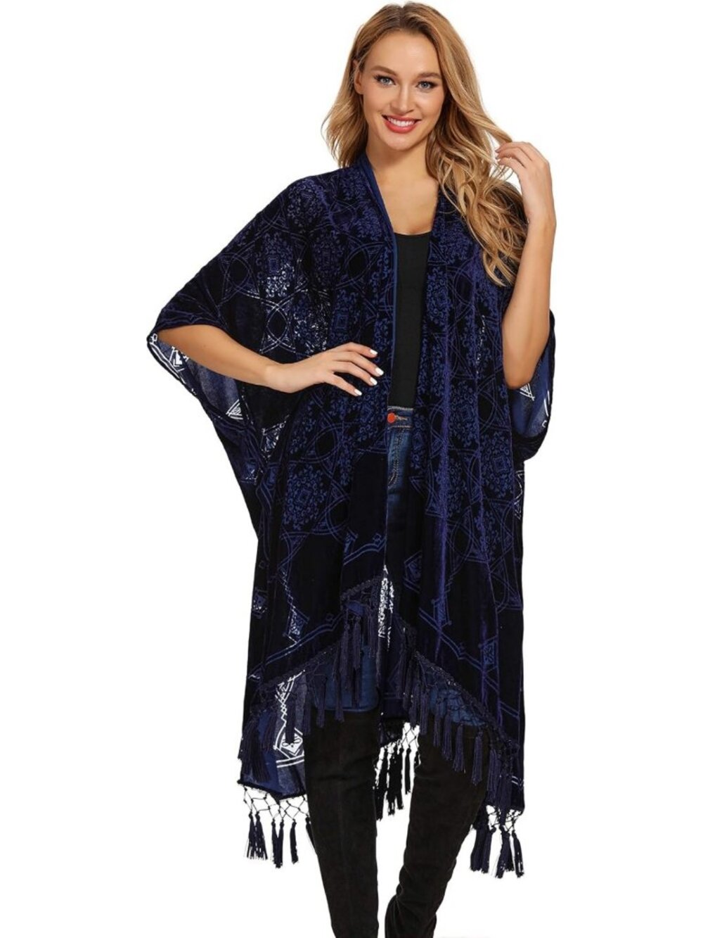 Chic Women's Burnout Velvet Kimono Cardigan Cover-Up with Tassel Detail